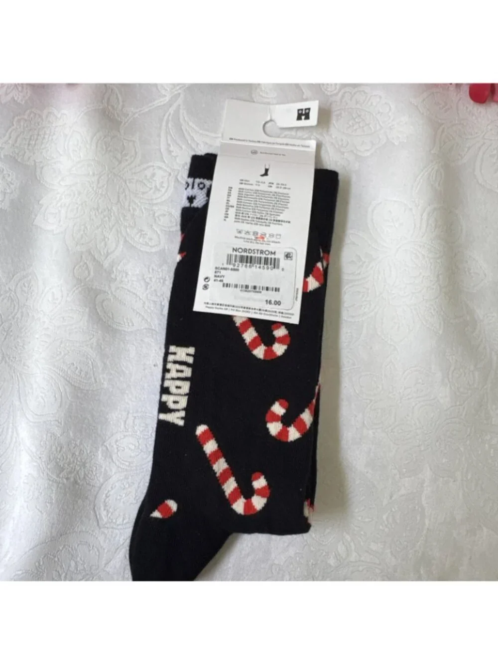 Happy Socks M 8-12 Crew Socks Christmas Holiday Candy Cane Novelty 41-46 NEW